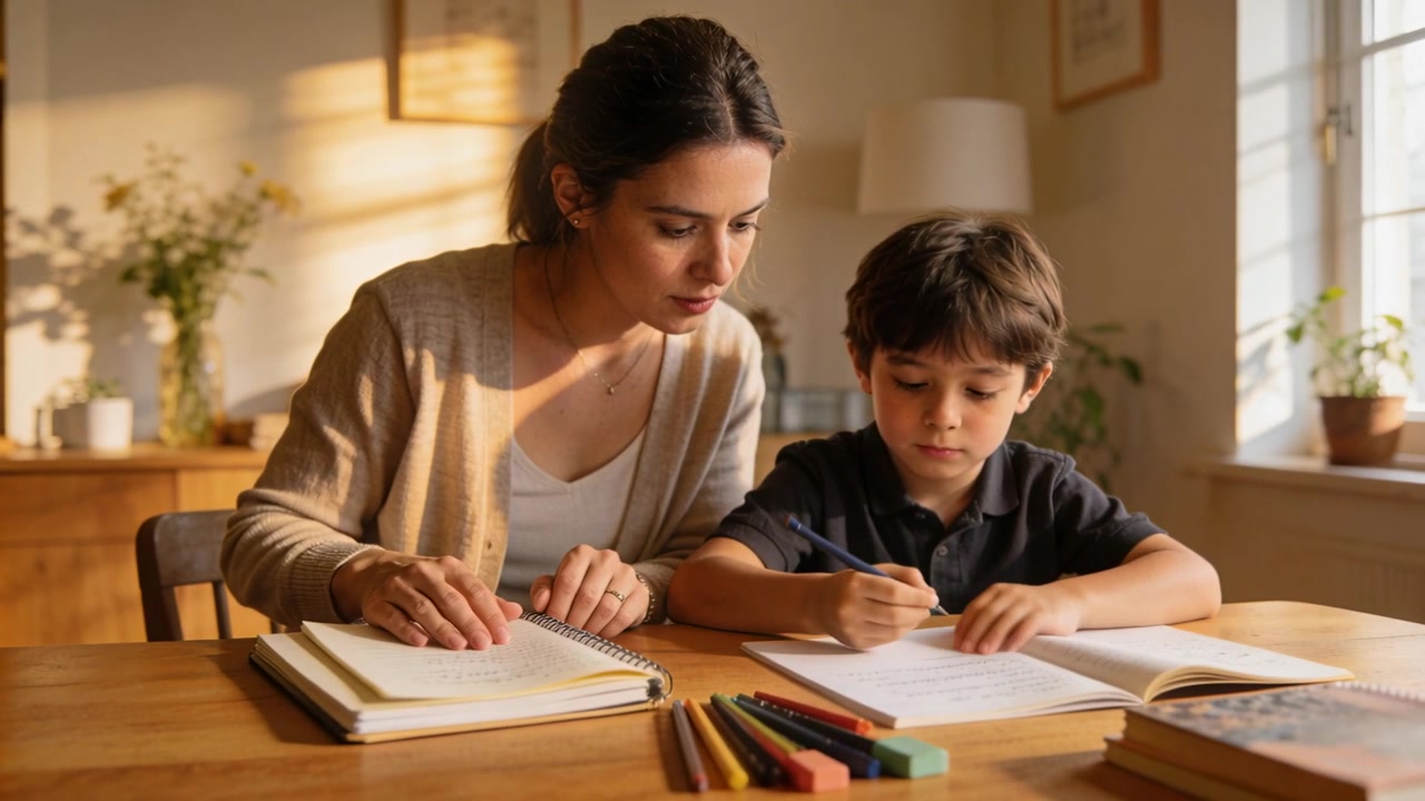 Girando pagina, una madre in cardigan beige si china, guidando il figlio che scrive i compiti con la matita al tavolo