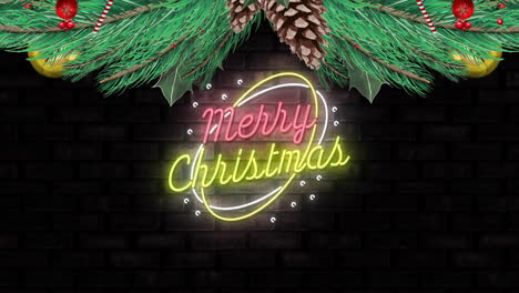animation of fir trees over neon merry christmas text