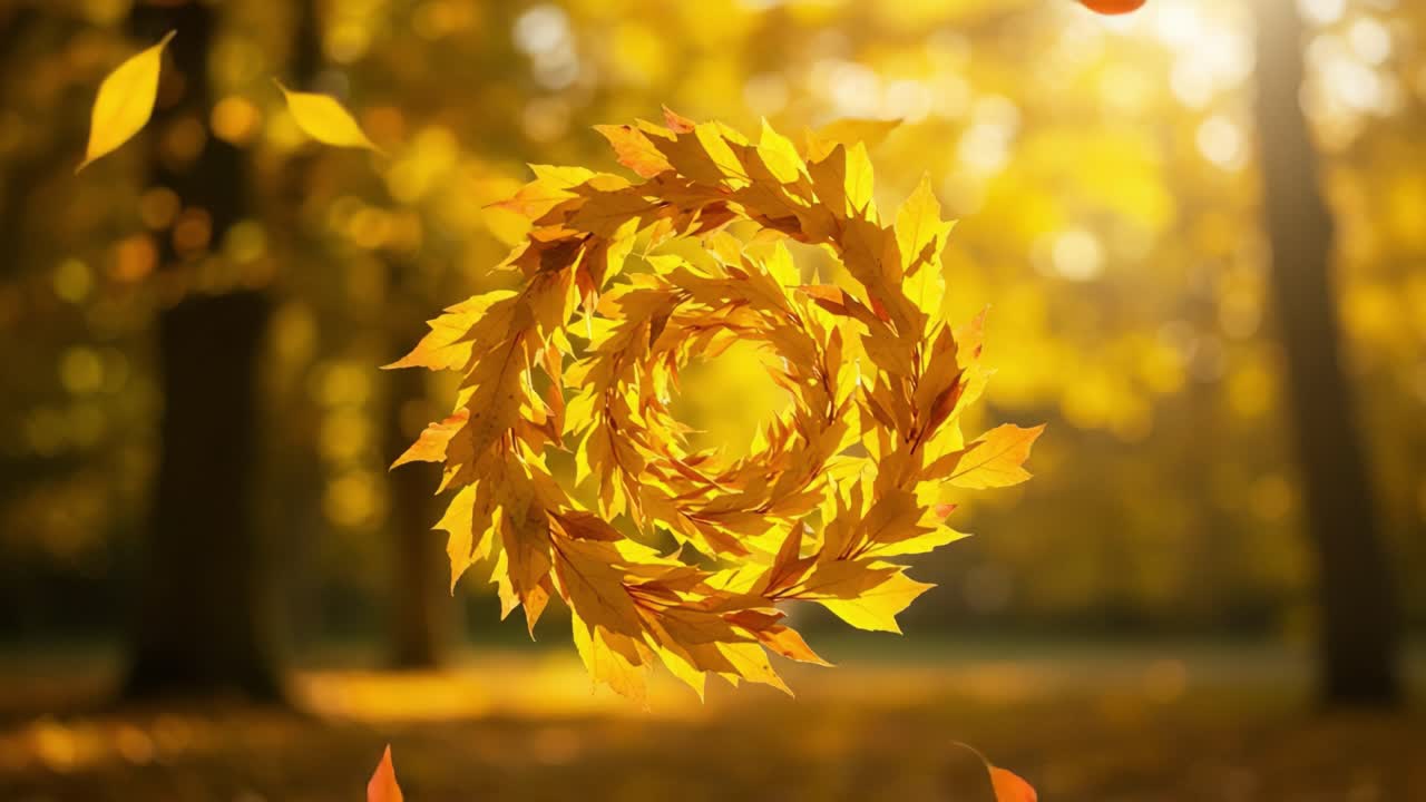 Captivating Swirl of Golden Leaves: A Beautiful Depiction of Autumn's Enchantment Amidst a Softly Glowing Forest Background