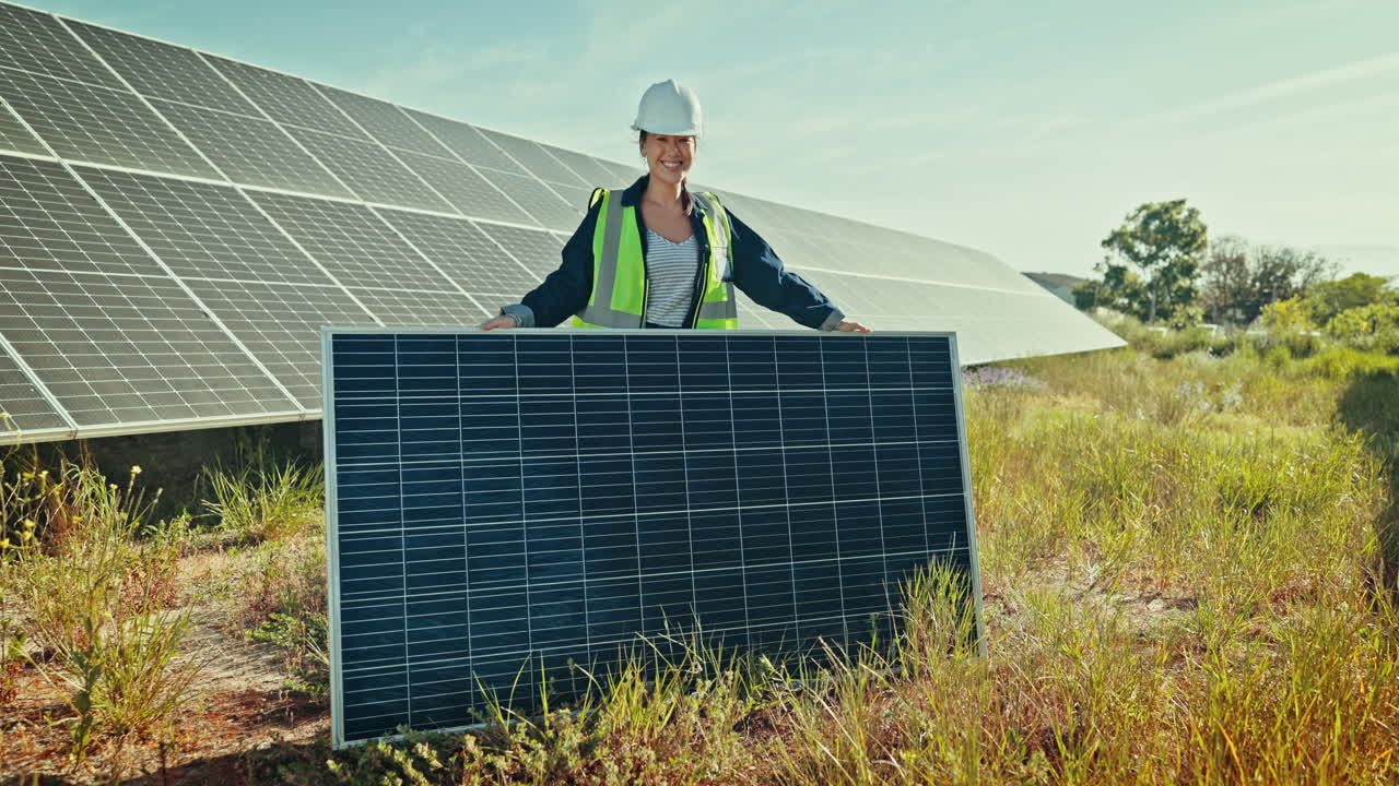 ingeniería, mujer o sonrisa con paneles solares