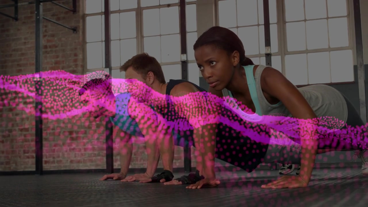 Three adults holding high plank lowering into push-ups on cue, magenta wave sweeping for fitness