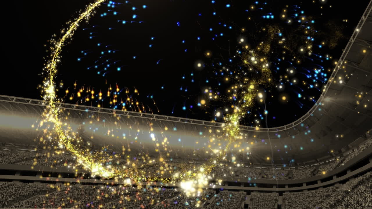 스타디움 위의 조명 트레일과 불꽃놀이의 애니메이션