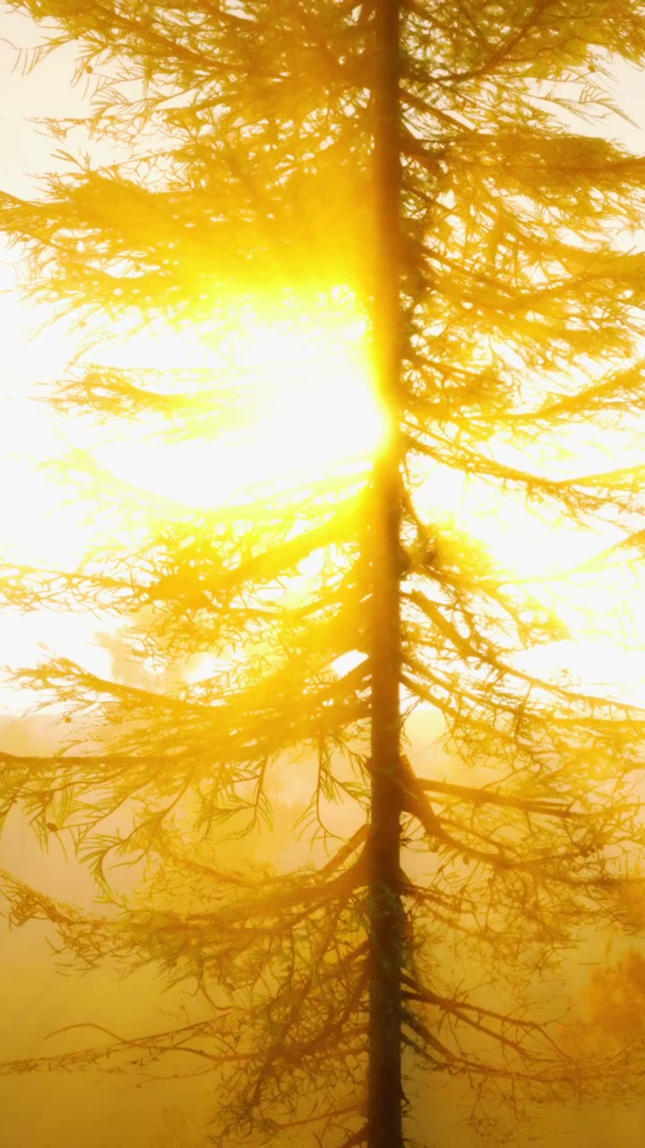 Solen skinner gennem grenene af et højt træ ved solnedgang i en skov.