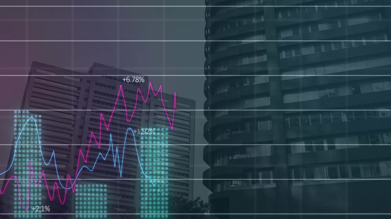 animación del procesamiento de datos estadísticos a través de la red de cuadrícula frente a la vista de edificios altos