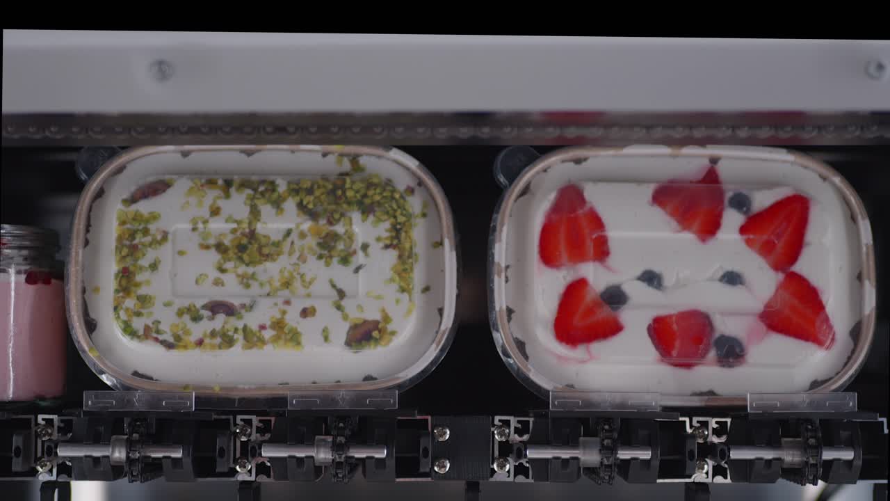 Top view of two cold dessert with whipped cream and strawberries in covered trays inside a commercial fridge, vending machine.