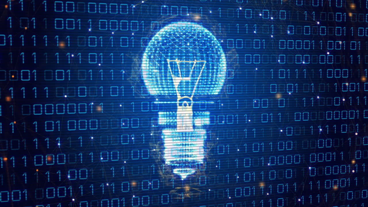 animación de la bombilla, codificación binaria y procesamiento de datos