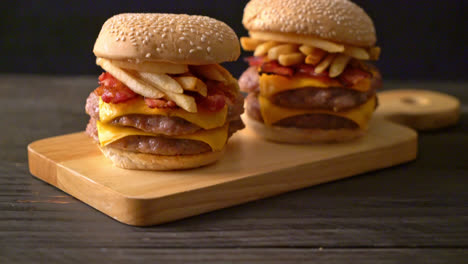 pork-hamburger-or-pork-burger-with-cheese,-bacon-and-french-fries