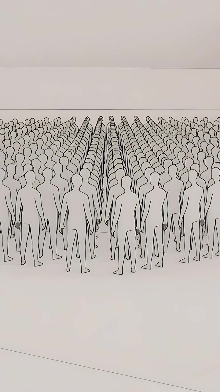 Vertical video: Advancing camera revealing assembled crowd standing in hall, emphasizing rows