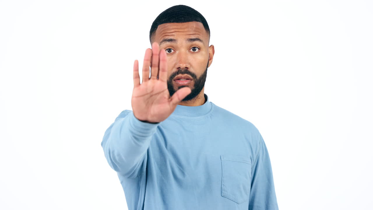 Face, hand and man with stop