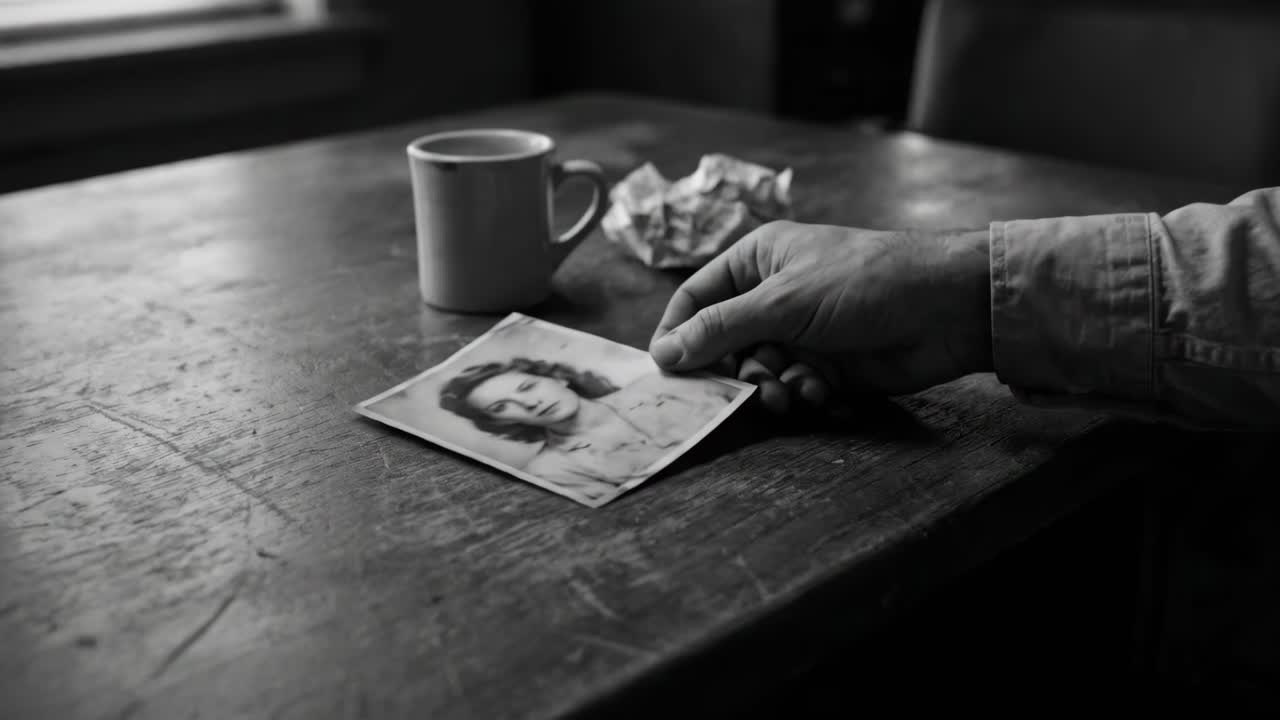 Monochrome Still Life with Portrait and Coffee Cup