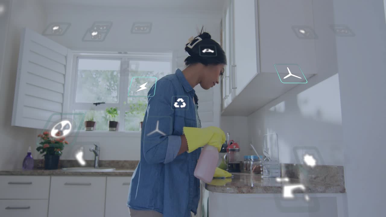 Woman inspecting then spraying cleaner and wiping at sink, icons overlaying view showing eco impact