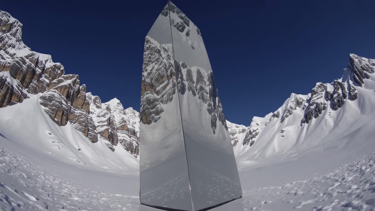 A wide-angle video shot of a reflective monolith in a snowy mountain landscape