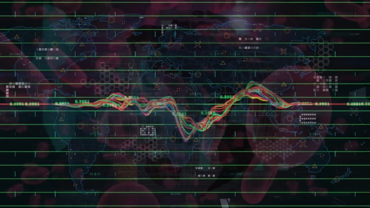 animación del procesamiento de datos financieros sobre virus y células sanguíneas