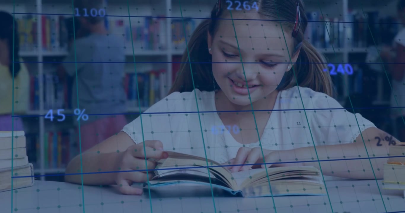 School girl placing book and flipping page, causing grid lines updating numeric data for education