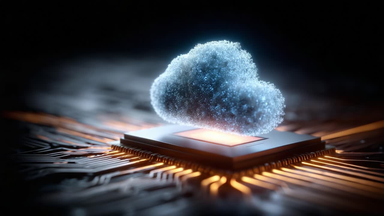 A digital representation illustrating the innovative connection between cloud technology and computing power, featuring a cloud hovering over a circuit board