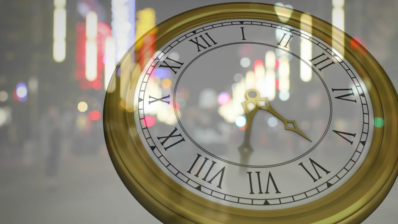 At start antique clock rotating hands while neon bokeh flickering, showing time passing