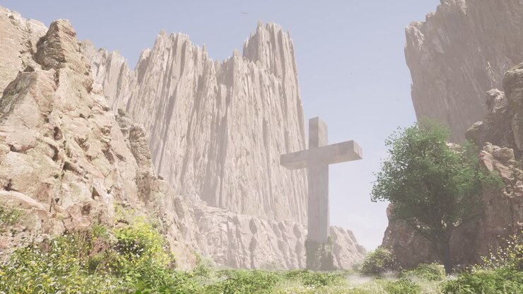 Una grande croce tra enormi scogliere ripide, con erba e cespugli intorno, animazione 3D, telecamera con carrello si sposta lentamente a sinistra.