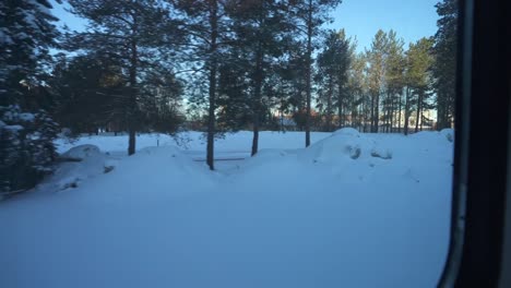 View-out-of-a-train-window-traveling-through-a-beautiful,-serene-winter-forest-covered-in-snow