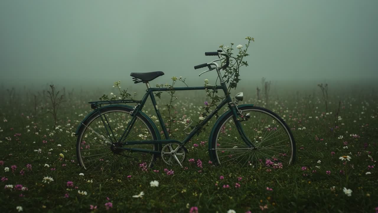 En fredfull sykkel omgitt av blomstrende villblomster i et tåkete landskap – et fengslende øyeblikk av natur og stillhet utfolder seg