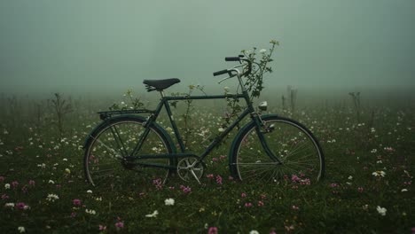 A Serene Bicycle Surrounded by Blooming Wildflowers in a Misty Landscape - A Captivating Moment of Nature and Stillness Unfolds