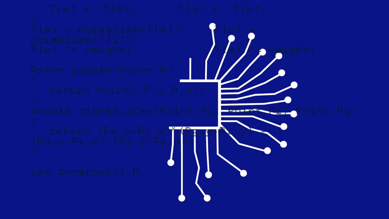 Animation of ai text and data processing on blue background