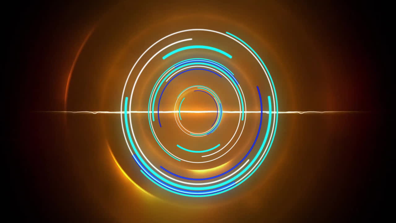 animación circular colorida con anillos concéntricos y líneas brillantes sobre fondo oscuro
