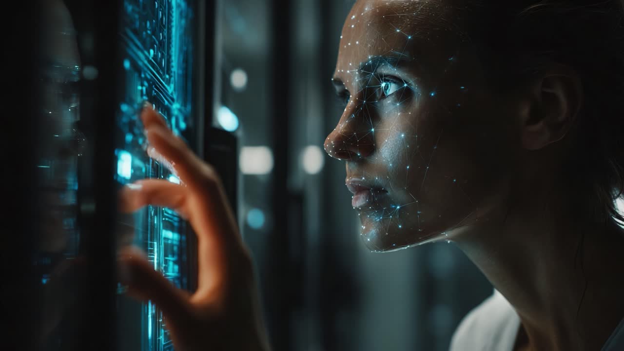 An Introspective Exploration of Digital Interfaces: A Woman Engages with Futuristic Technology, Illuminating the Intersection of Human Experience and Advanced Data Processing