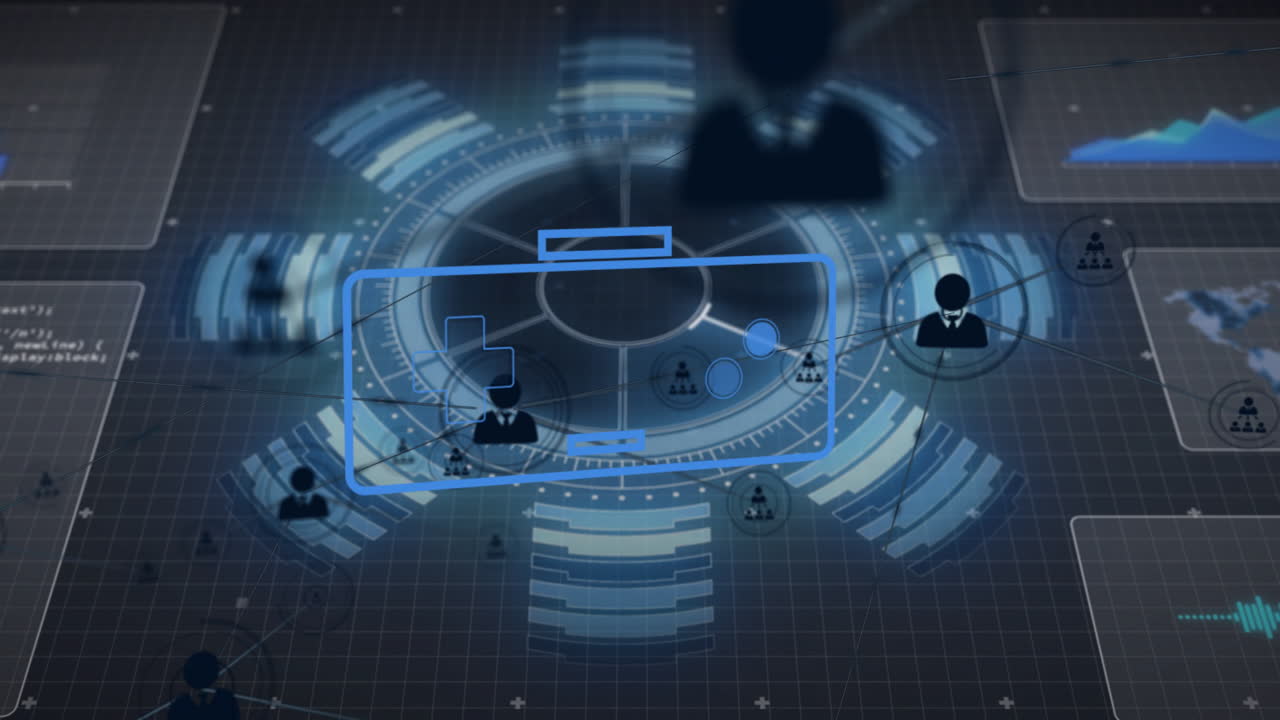 Animation with silhouettes and data visualization on futuristic digital interface