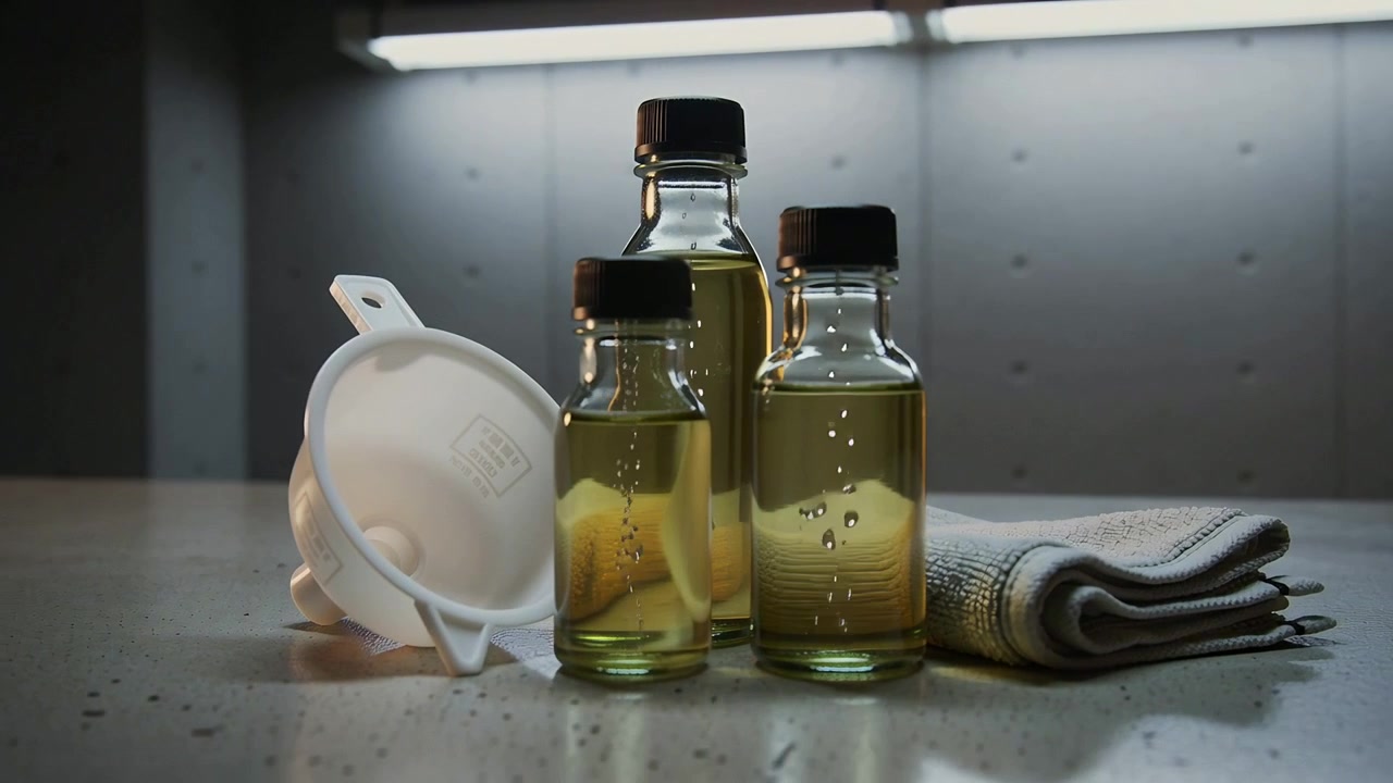 Tightening camera causing bottles shifting forward, forming triangle on bench with funnel and cloth