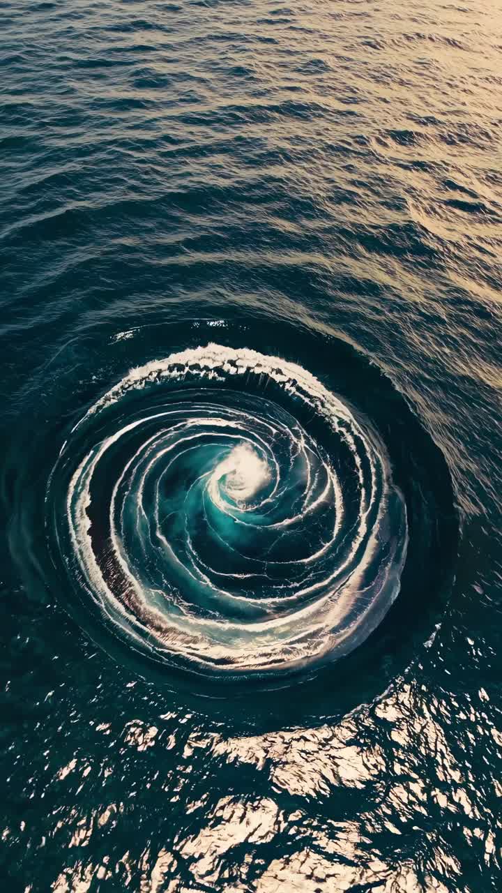 Aerial view of a swirling ocean whirlpool. The whirlpool creates a mesmerizing spiral pattern