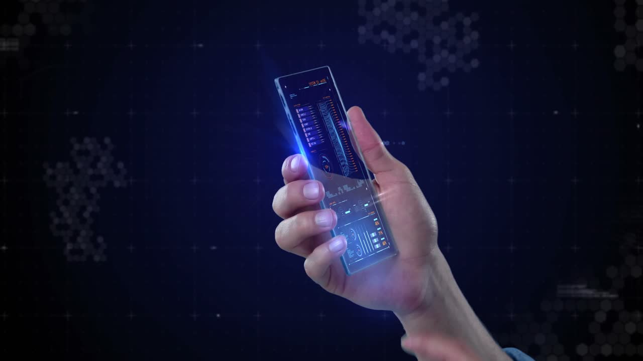 teléfono móvil futurista en la mano contra un fondo generado digitalmente