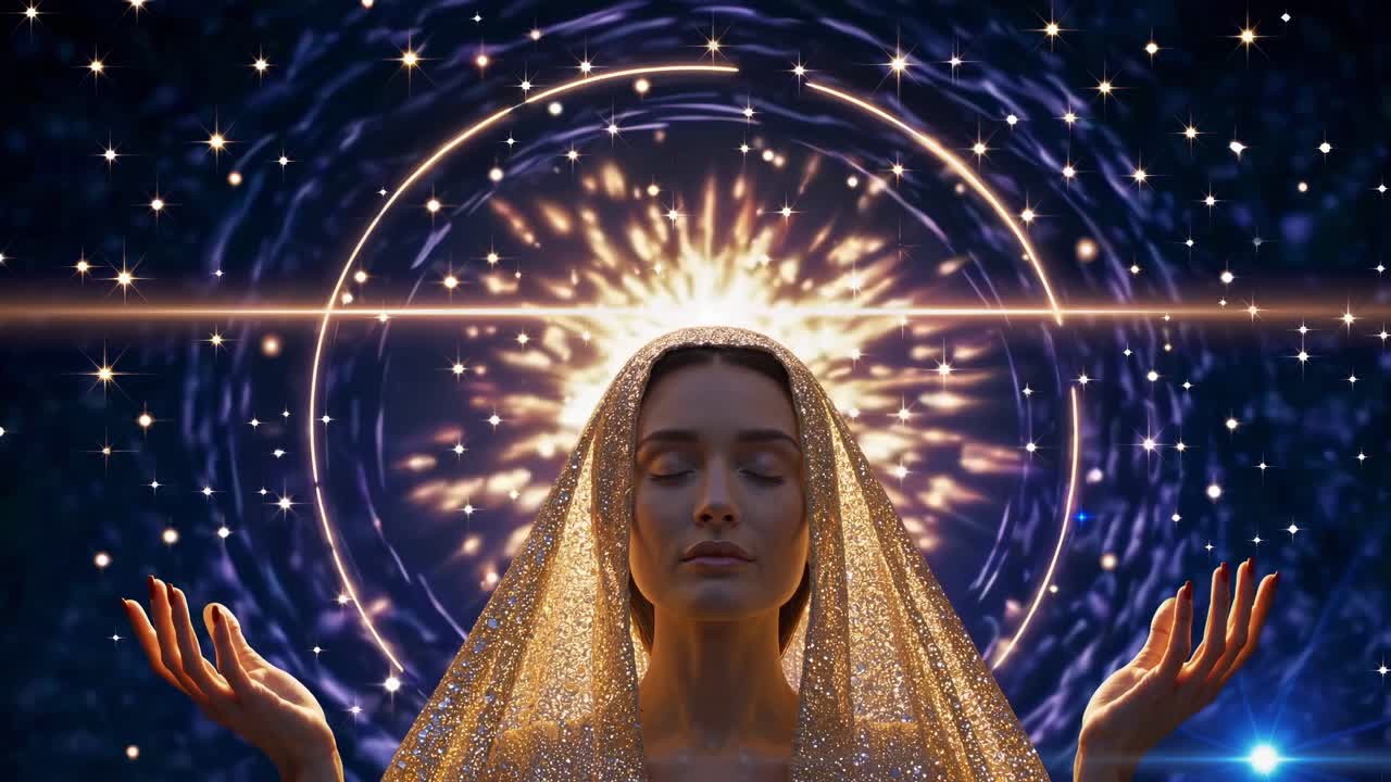 Woman meditating in a golden veil with closed eyes and open hands, surrounded by a glowing energy field and bright stars, embodying spirituality and higher connection