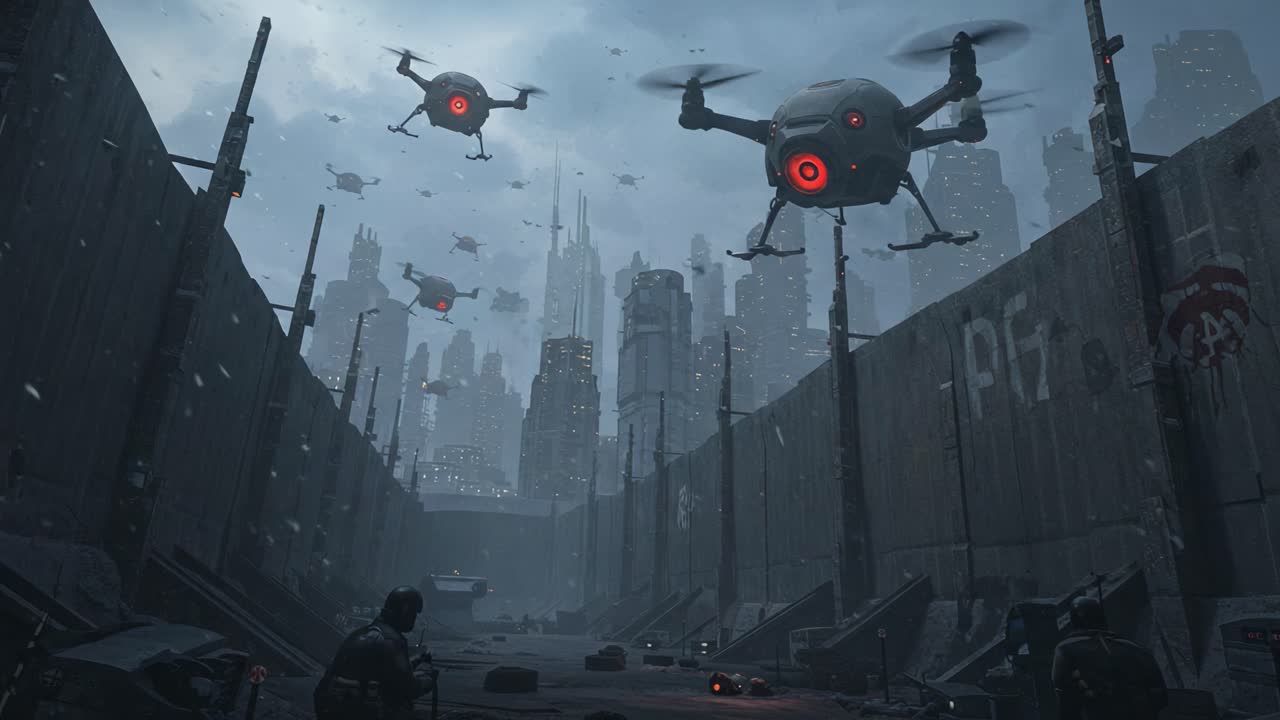 A dystopian future unfolds as drones patrol a desolate urban landscape, showcasing a blend of advanced technology and eerie solitude amidst towering skyscrapers