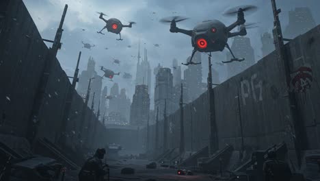 a dystopian future unfolds as drones patrol a desolate urban landscape, showcasing a blend of advanced technology and eerie solitude amidst towering skyscrapers