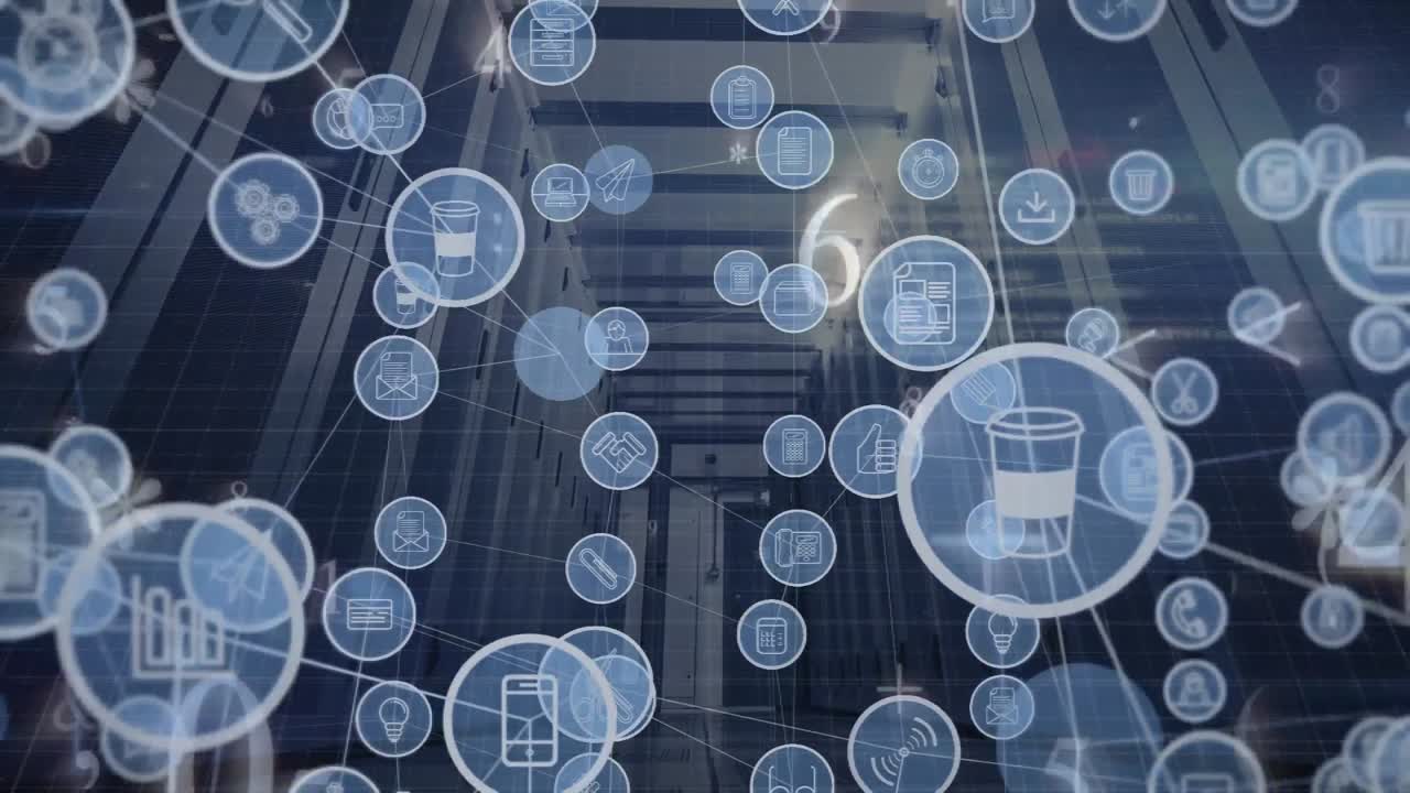 コンピュータサーバールームに対するデジタルアイコンと数学シンボルのグローブのアニメーション