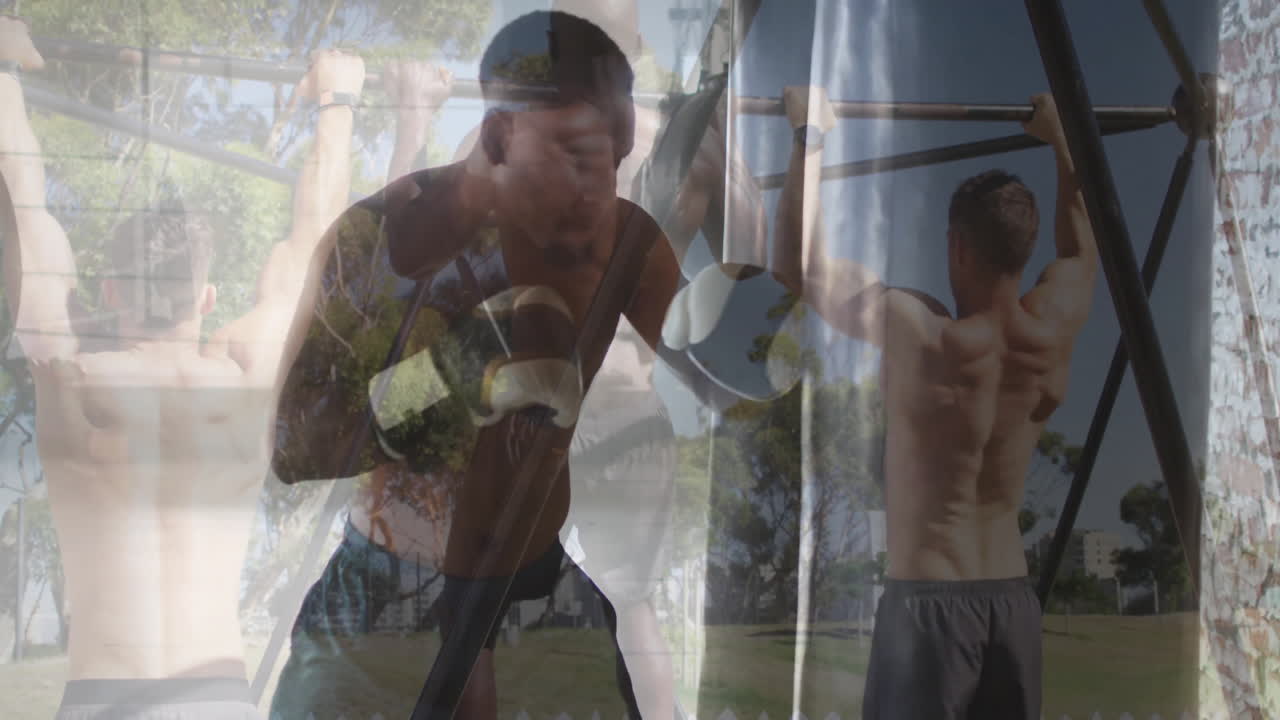 Boxing and doing pull-ups, two men exercising outdoors in animation background