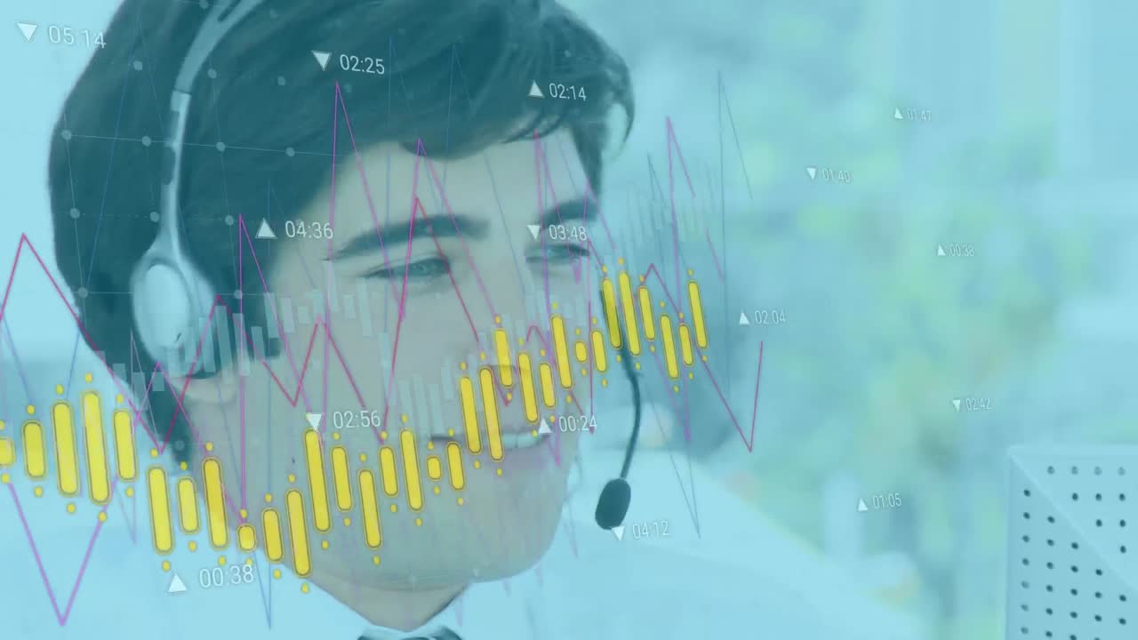 휴대폰 헤드 ⁇ 으로 이야기하는 행복한 백인 남성에 대한 통계 데이터 처리 애니메이션