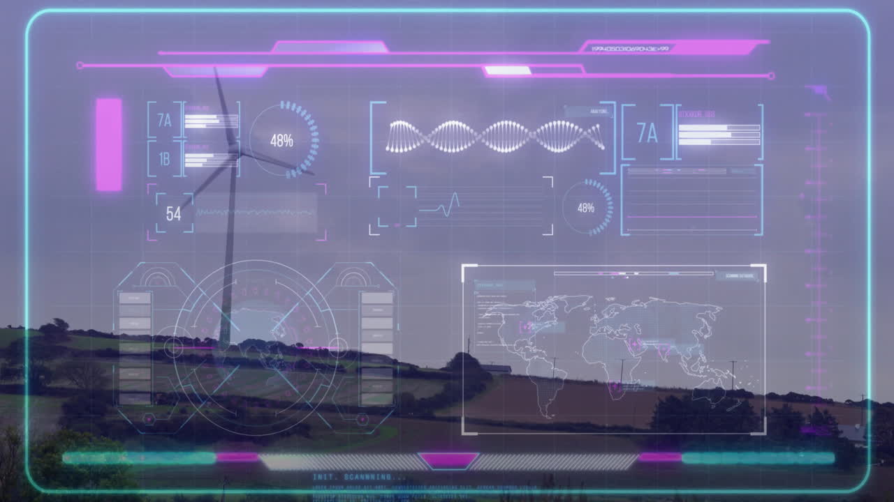 Renewable energy flat design showing rural hillside with wind turbine and HUD data overlay
