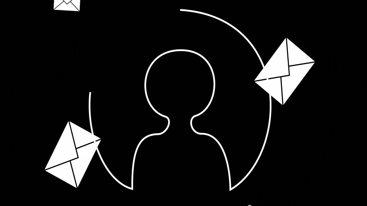 이메일 아이콘과 검은색 배경 위에 ai 데이터 처리의 애니메이션