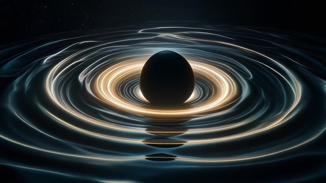 Animazione astratta di una sfera nera che crea increspature in un liquido scuro