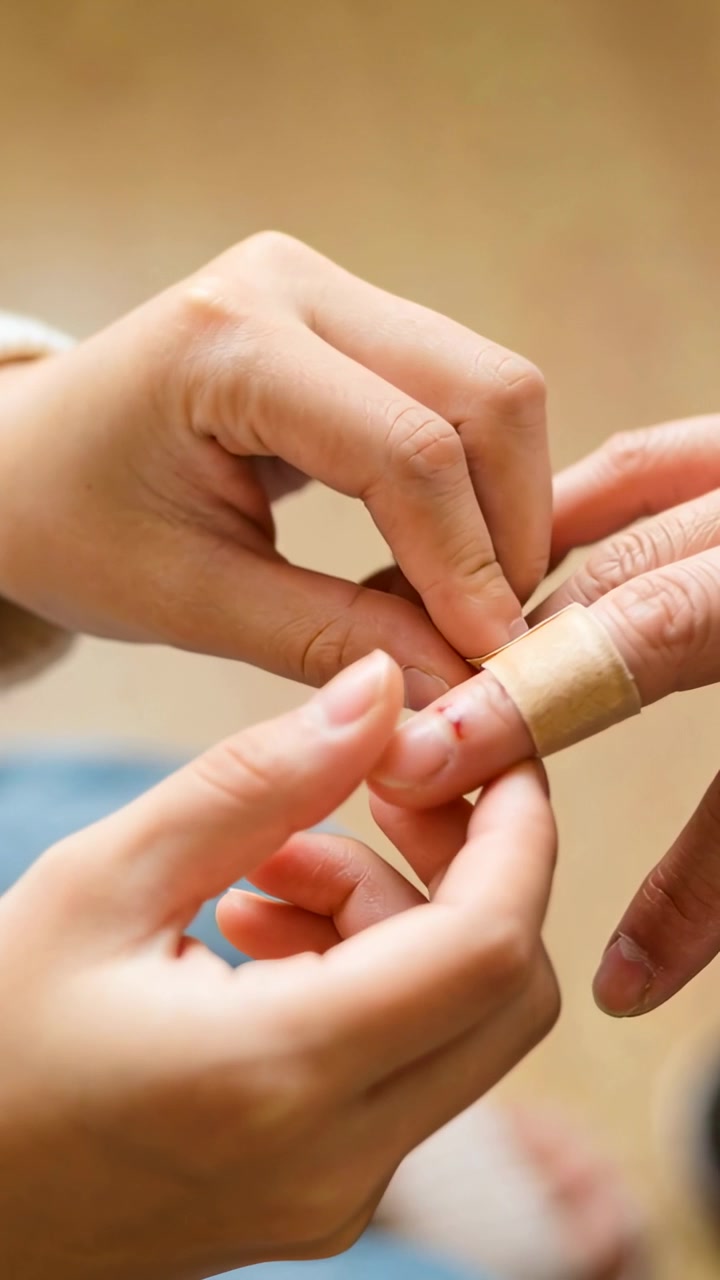 Video verticale: Notando un taglio, piccole mani con manica chiara applicano una benda a casa, premendo il tampone.