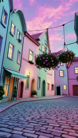 pastel-colored cartoon street scene at sunset