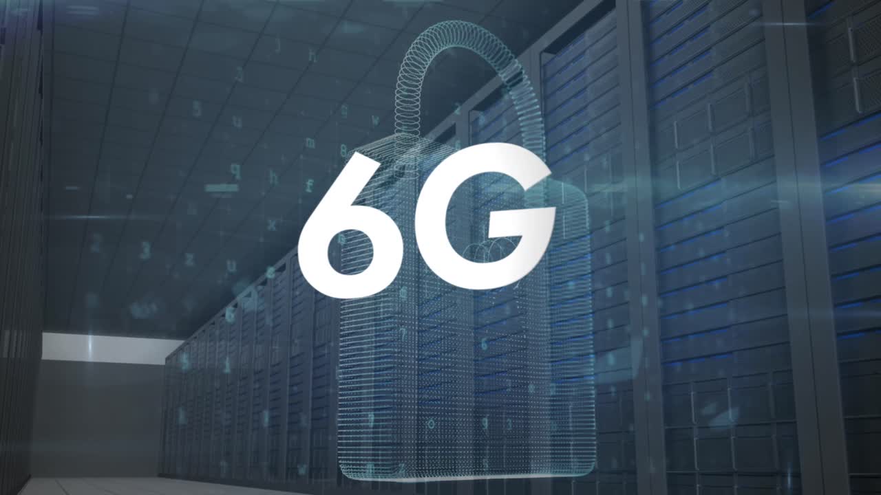 animación de banner de texto de 6g y icono de candado de seguridad contra la sala del servidor de la computadora.