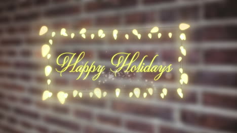 animation of happy holidays text over fairy lights banner against brick wall