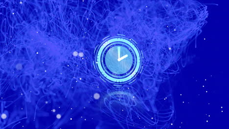 animación de reloj en movimiento sobre puntos de luz y senderos sobre fondo azul
