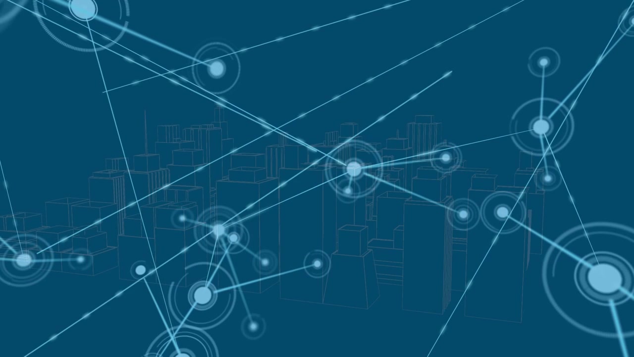Animation of network of connections over digital city on blue background