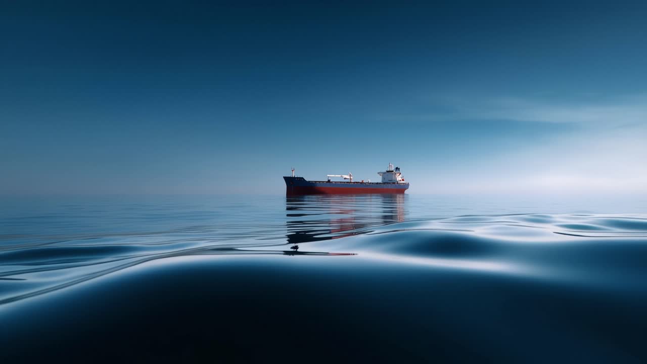 Gelassenheit auf See: Ein großes Frachtschiff gleitet sanft auf ruhigem Wasser unter klarem Himmel und spiegelt die Ruhe des maritimen Lebens im offenen Ozean wider.