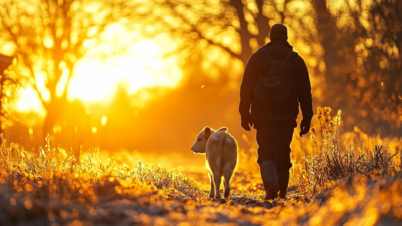 Sunset stroll with a dog. A person walks a dog along a path as the sun sets, creating a warm golden glow in the surroundings