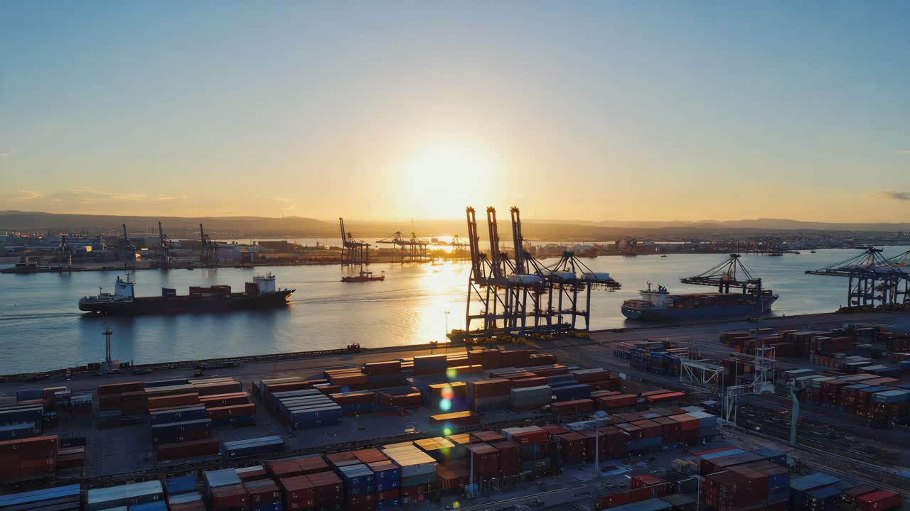 Industrial Port with Cargo Ships and Cranes at Sunset