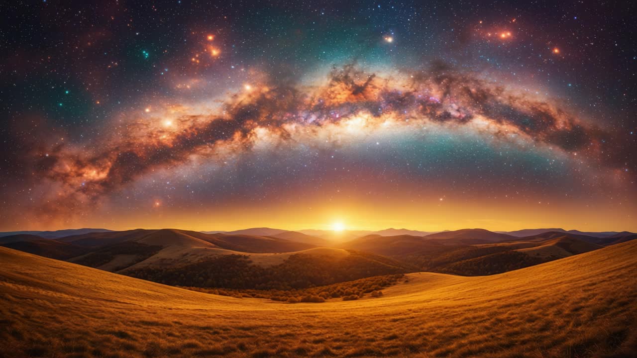 A Stunning Celestial Display: Witness the Beauty of the Milky Way Galaxy and a Breathtaking Sunset over Rolling Hills in an Expansive Landscape